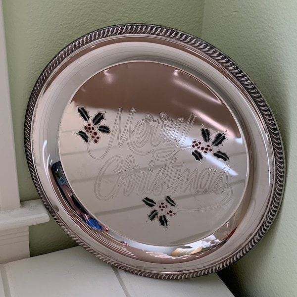 Vtg Silver Plated - Round Tray - Merry Christmas - with Holly decoration - Mid century -serving piece - barware