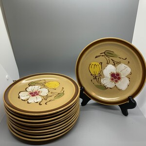 Vtg 70s/80s- Set of 11 Floral Stoneware Salad Plates - Colorstone &quot;Flower Show&quot; 7 1/2 inch diameter  -Yellow Tulip & White Phlox Flowers -