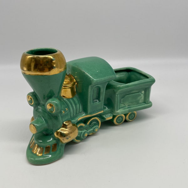 Vintage Green and Gold Alan Shaw Pottery Train Planter - hole in smokestack and planter area in back - Green with Gold Trim - 40s/50s