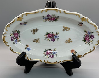 Vintage Reichenbach Oval Dish - German Democratic Republic - Crown Wreath Gold Trim - Floral Design - Serving Dish / Soap Dish - 9 x 5 1/2"
