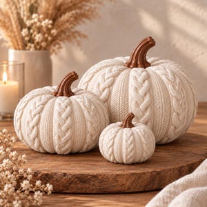 Puede incluir: Tres calabazas decorativas de color blanco roto de distintos tamaños, cada una con un patrón de punto trenzado texturizado y un tallo marrón liso y brillante. Las calabazas están dispuestas juntas, mostrando un diseño de superficie detallado.