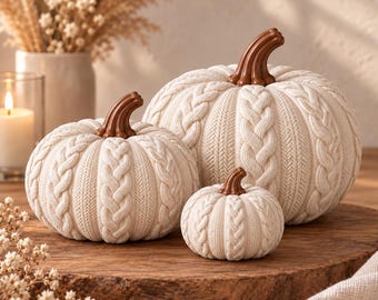 May include: Three off-white decorative pumpkins of varying sizes, each featuring a textured cable knit pattern and a smooth, curved brown stem. The pumpkins are arranged together, showcasing a detailed knit-like surface design.