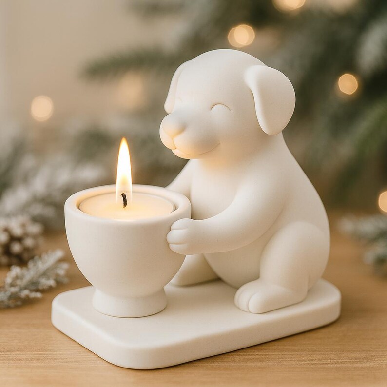 May include: A white ceramic candle holder shaped like a smiling puppy, holding a small candle cup. The candle is lit, with a bright yellow flame. The holder sits on a square base, creating a warm and inviting ambiance.