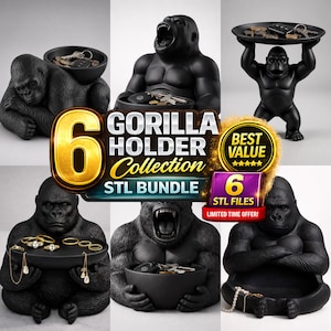 Puede incluir: Una colección de seis soportes negros con forma de gorila, cada uno con una pose diferente y sosteniendo una bandeja o cuenco. Los soportes están diseñados para guardar llaves, joyas u otros objetos pequeños. La imagen incluye el texto "GORILLA HOLDER COLLECTION STL BUNDLE".