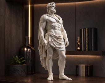 以下が含まれることがあります： ひげとドレープのある布を持つ、筋肉質な男性の白い大理石像。像は立っており、古典的なギリシャ様式です。像は暗い木製の表面にあります。