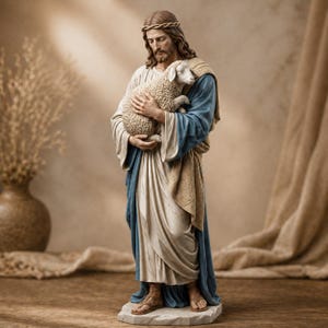 以下が含まれることがあります： イエスが子羊を抱いている詳細な像。 像は白いローブと青いローブをまとい、いばらの冠をかぶっています。 子羊は近くに抱えられ、ニュートラルな背景に置かれています。