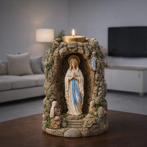 Puede incluir: Un portavelas religioso con una estatua de la Virgen María dentro de una estructura similar a una cueva. La estatua lleva una túnica blanca y una faja azul. Una vela encendida se encuentra encima de la estructura. El portavelas está hecho de un material similar a la piedra.