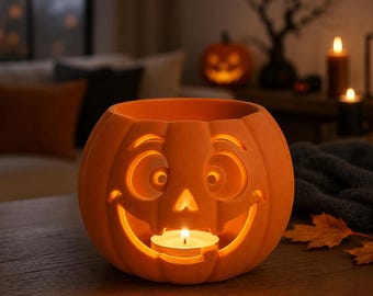 May include: A matte orange ceramic pumpkin candle holder with a carved face featuring wide eyes and a broad smile. A small white tea light candle sits inside the hollow center, emitting a warm glow through the cutouts of the pumpkin's face.