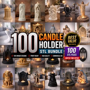 Puede incluir: Una colección de candeleros con diversos diseños, incluyendo figuras religiosas, elementos arquitectónicos y formas abstractas. La imagen incluye el texto "100 CANDLE HOLDER STL BUNDLE" y "100 STL FILES LIMITED TIME OFFER!"