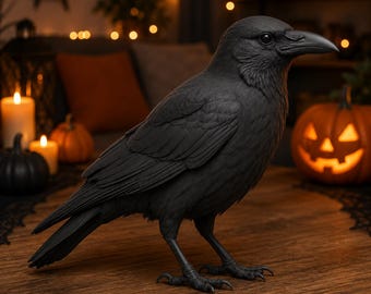 May include: A realistic black raven figurine standing on a wooden surface. The bird has detailed feathers, a sharp beak, and dark eyes, captured in a profile view with its head turned slightly toward the right side of the frame.