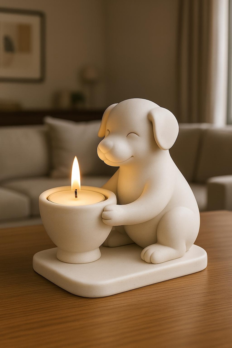 May include: A white ceramic dog-shaped candle holder. The dog is smiling and holding a small bowl with a lit candle. The candle holder sits on a square base. The overall design is simple and elegant, suitable for home decor.