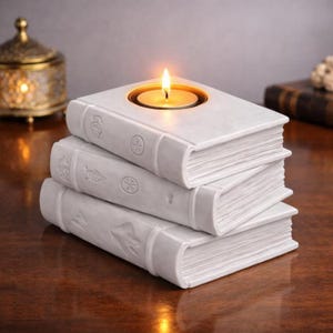 Puede incluir: Un candelabro de cerámica blanca con forma de pila de tres libros. El libro superior tiene una hendidura circular que sostiene una vela encendida. Cada libro tiene diseños y detalles en relieve.