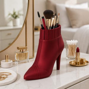 Könnte beinhalten: Ein bordeauxfarbener Make-up-Pinselhalter in Form eines High-Heel-Stiefels. Der Halter ist mit verschiedenen Make-up-Pinseln gefüllt. Weitere Artikel auf dem Schminktisch sind Parfüm, Schmuck und Lippenstift.