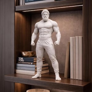 Op de afbeelding: Een wit beeld van een gespierde man met een baard, gekleed in een joggingbroek en een top, staat op een houten plank. Het beeld is omgeven door boeken, een gouden kom en een donkere houten kast.