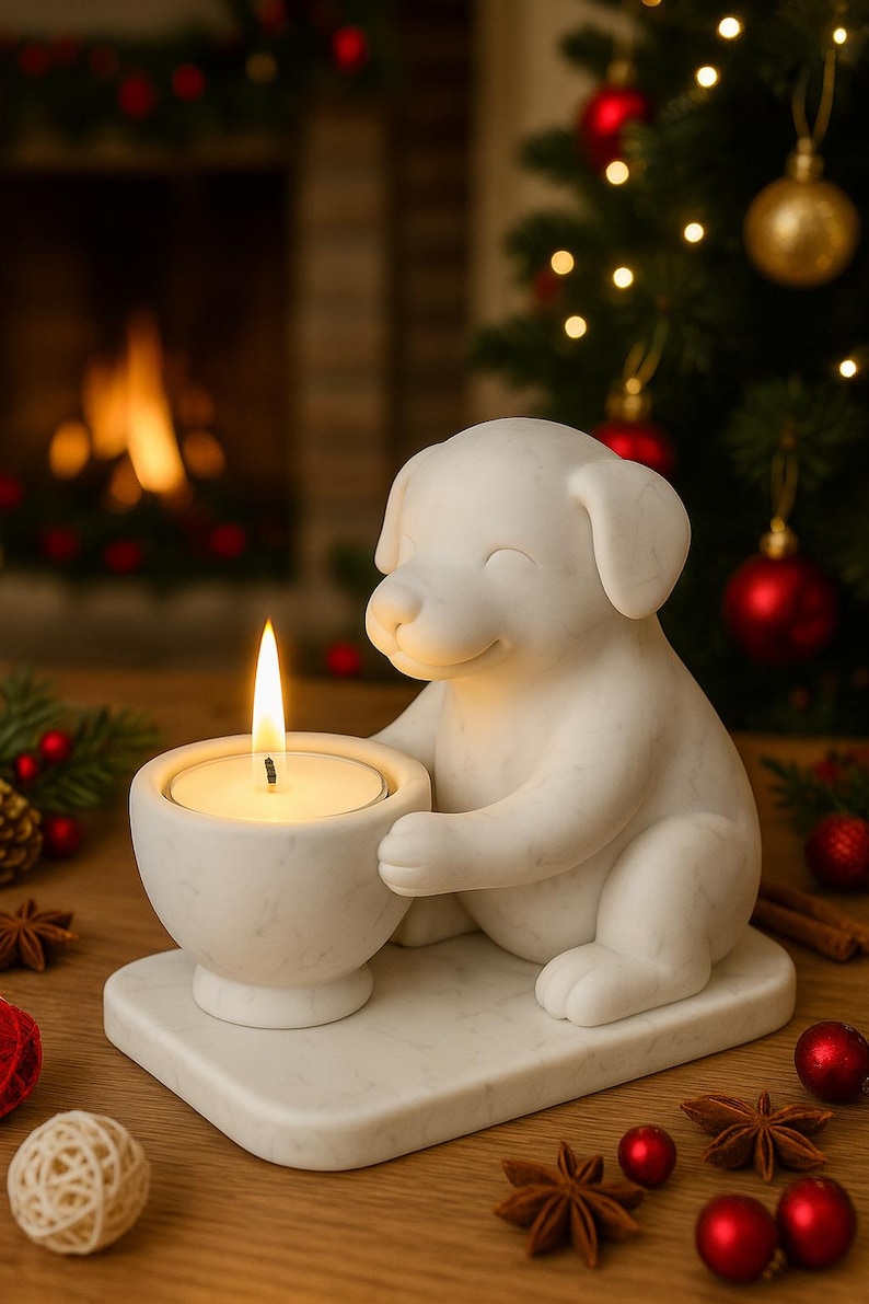 May include: A white marble candle holder shaped like a smiling puppy, holding a lit candle. The candle holder sits on a square base. Christmas decorations, including ornaments and a tree, are in the background.