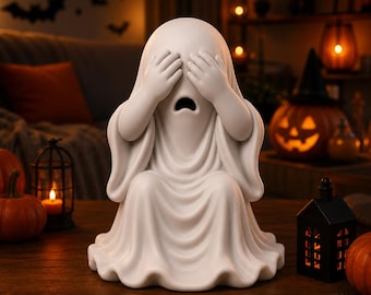 May include: A matte white ceramic ghost figurine featuring a draped sheet design with arms raised to cover its eyes and an open, oval-shaped mouth. The ghost is depicted in a seated position with flowing, sculpted folds in the fabric-like material.