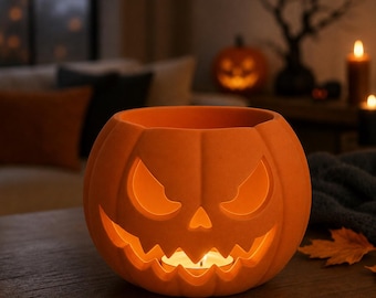 May include: A matte orange pumpkin-shaped candle holder with a carved jack-o'-lantern face featuring triangular eyes and a jagged mouth. A small lit tea light candle sits inside the hollow center, casting a warm glow through the cutouts.