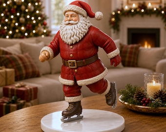 May include: A Santa Claus figurine wearing a red coat with white fur trim, a matching hat, and a brown belt with a gold buckle. The figure is wearing brown ice skates and is positioned on a circular white base, captured in a skating pose.