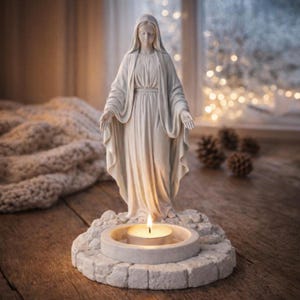 以下が含まれることがあります： 両手を広げた女性の白い像。石のような台座の上にティーライトキャンドルが灯っています。像は流れるようなローブをまとっています。背景には、居心地の良い毛布、松ぼっくり、柔らかくぼやけた光が含まれています。