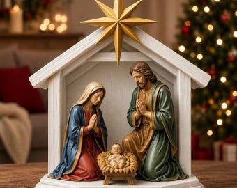 May include: A nativity scene featuring a white wooden stable structure topped with a large gold star. Inside, figurines of a woman in a blue and red robe and a man in a green and brown robe kneel beside a small manger holding a baby figurine.