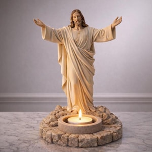 May include: A beige statue of a figure with outstretched arms, wearing draped robes, atop a stone base. A lit candle sits in a circular holder at the base. The statue has long brown hair and a beard.