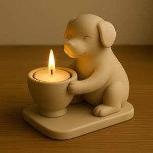 May include: A beige dog-shaped candle holder with a lit tea light candle. The dog is holding the candle holder with its paws. The candle holder is on a square base. The background is a warm, neutral color.