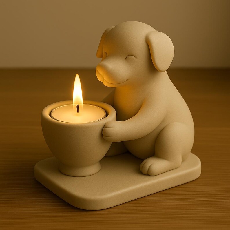 May include: A beige dog-shaped candle holder with a lit tea light candle. The dog is holding the candle holder with its paws. The candle holder is on a square base. The background is a warm, neutral color.