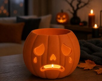 May include: A matte orange ceramic pumpkin candle holder featuring a carved, sad face with teardrop-shaped eyes and a downturned mouth. A small, lit tea light candle sits inside the mouth opening, casting a warm, glowing light from within.