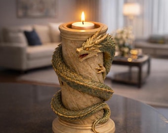 May include: A decorative candle holder featuring a green and gold dragon coiled around a beige column. A lit candle sits in the top. The dragon has intricate detailing. The candle holder is designed to hold a single tealight, creating a warm ambiance.