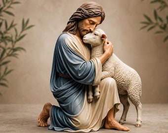 Puede incluir: Una estatua religiosa representa una figura con túnicas fluidas, arrodillada y abrazando a un cordero. La figura tiene cabello castaño largo y barba, con una expresión serena. El cordero es blanco con un pelaje esponjoso. La estatua está sobre un fondo neutro.