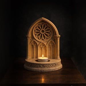 Puede incluir: Un portavelas gótico beige con una vela de té encendida. El portavelas presenta una parte superior arqueada con un diseño circular ornamentado y una serie de arcos más pequeños debajo. La vela se encuentra en una base circular. El portavelas está sobre una superficie de madera.