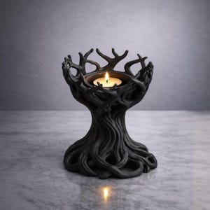 May include: A black tree-shaped candle holder with a lit candle inside. The candle holder has a detailed, textured design resembling a tree trunk and branches. The candle flame casts a warm glow, creating a cozy ambiance.