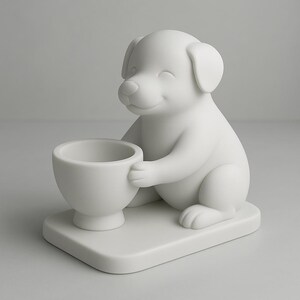 May include: A white ceramic puppy figurine holding a small, round cup. The puppy is sitting on a rectangular base, with a smiling expression. The figurine is a solid, matte white color.