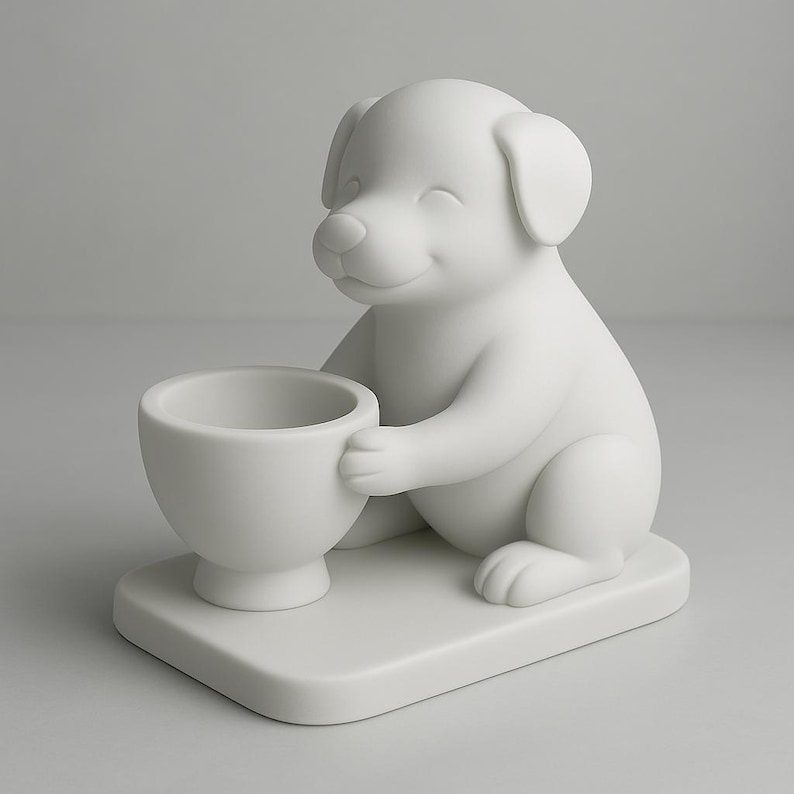 May include: A white ceramic puppy figurine holding a small, round cup. The puppy is sitting on a rectangular base, with a smiling expression. The figurine is a solid, matte white color.