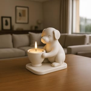 May include: A white ceramic dog-shaped candle holder. The dog is holding a white candle holder with a lit candle. The candle holder is on a square base. The background is a living room with a couch and artwork.