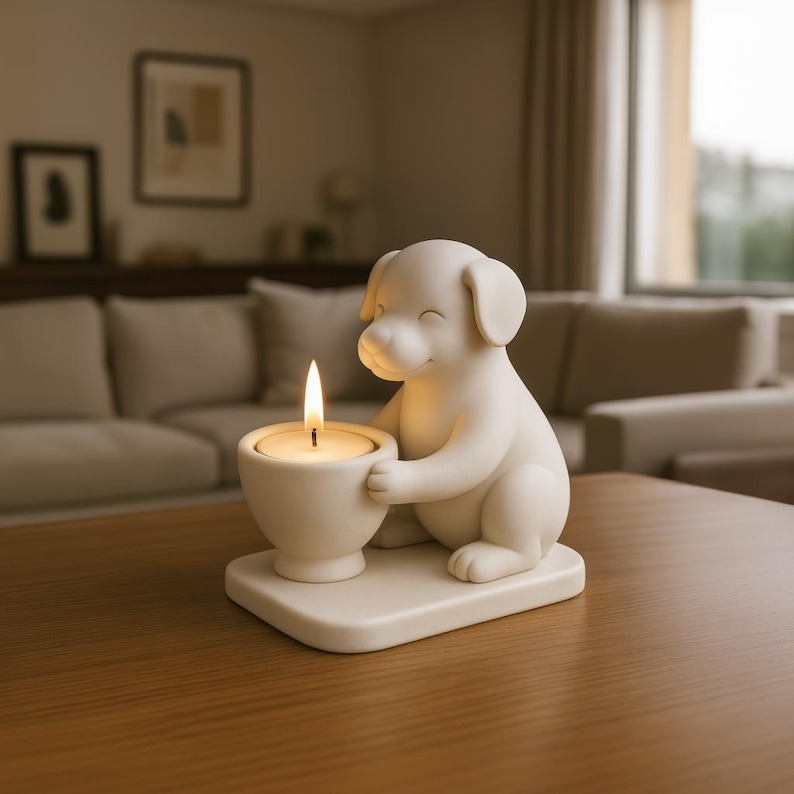 May include: A white ceramic dog-shaped candle holder. The dog is holding a white candle holder with a lit candle. The candle holder is on a square base. The background is a living room with a couch and artwork.
