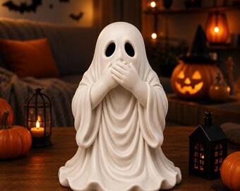 May include: A matte white ceramic ghost figurine featuring a draped sheet design with two dark oval eye cutouts and hands positioned over its mouth in a surprised expression. The ghost has a smooth, flowing texture and a wide, flared base.
