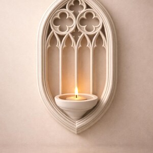 May include: A white, gothic-style wall sconce with a lit candle. The sconce has an arched design with decorative cutouts and a small, round candle holder. The candle flame casts a warm glow, creating a serene ambiance.