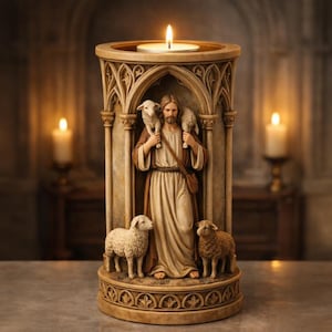 Może przedstawiać: Beżowy religijny świecznik przedstawiający Jezusa niosącego jagnięta, z dwoma kolejnymi u podstawy. Świecznik ma łukowaty kształt i zapaloną świecę na górze. Projekt obejmuje dekoracyjne wzory. Świecznik ma około 20 cm wysokości.