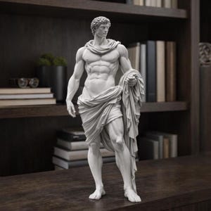 Puede incluir: Una escultura blanca de una figura masculina musculosa, cubierta con tela, se encuentra sobre una superficie de madera oscura. La estatua tiene rasgos faciales detallados y posa con un brazo sosteniendo la tela. El fondo incluye una estantería con libros y objetos decorativos.