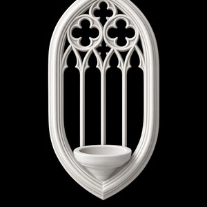 May include: A white, gothic-style wall sconce with an arched top and a small, bowl-shaped holder. The design features a quatrefoil pattern at the top and vertical bars, all against a black background. The sconce is approximately 10 inches tall.