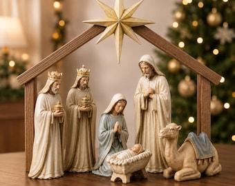 May include: A nativity scene set featuring figurines of three wise men, a woman, a man, and a baby in a manger, all positioned under a wooden frame topped with a large gold star. The figures are rendered in muted tones of cream, blue, and tan.