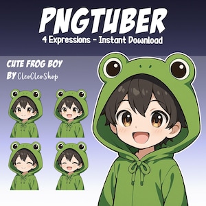 May include: Digital art featuring a cute frog boy character with four different expressions. The boy wears a green frog hoodie. Text at the top reads "PNGTUBER" and "4 Expressions - Instant Download". Below, text reads "CUTE FROG BOY BY CleoCleoShop".