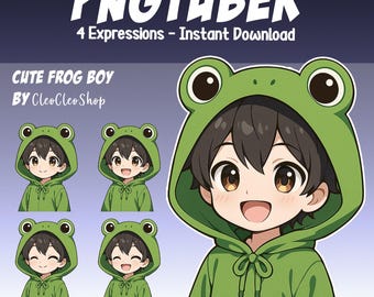 Cute Frog Boy PNGtuber - Süßer Grüner Frosch Junge Animierter PNGtuber Stream - 4 Ausdrücke - Giftuber Reactive Avatar vTuber für Streamer