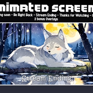 Cute Wolf Animated Snowing Twitch Stream 5 Screens and 2 Overlays - Animated vTuber Backgrounds for Streamers - Vtuber - Stream Lofi - Wolf