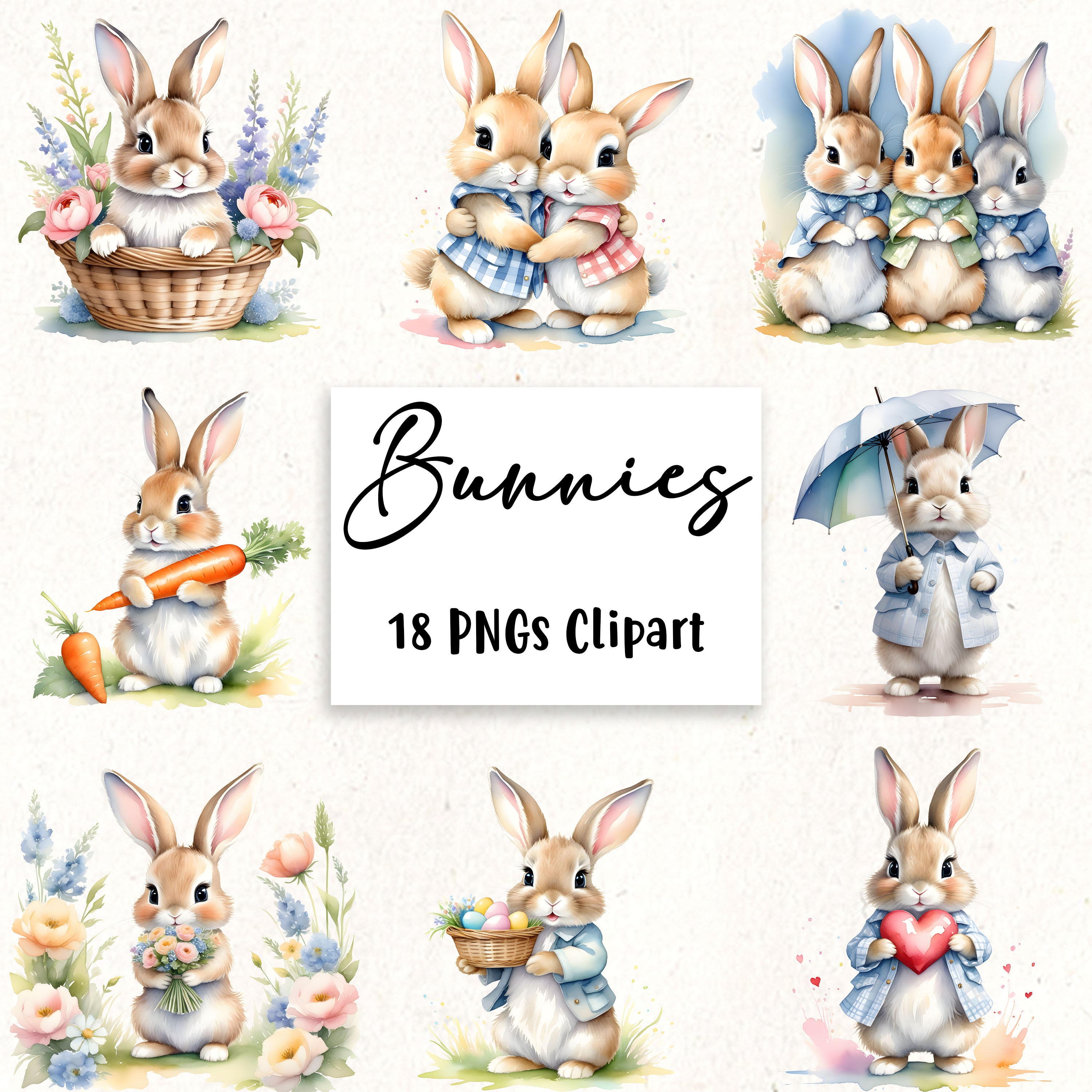 Watercolor Cute Bunny - Cute Rabbit Clipart Bundle, 18 High-quality ...