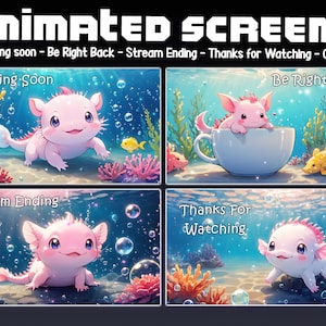 Cute Axolotl Animated Underwater Twitch Stream 5 Screens and 2 Overlays - Animated vTuber Backgrounds for Streamers - Vtuber - Stream Lofi