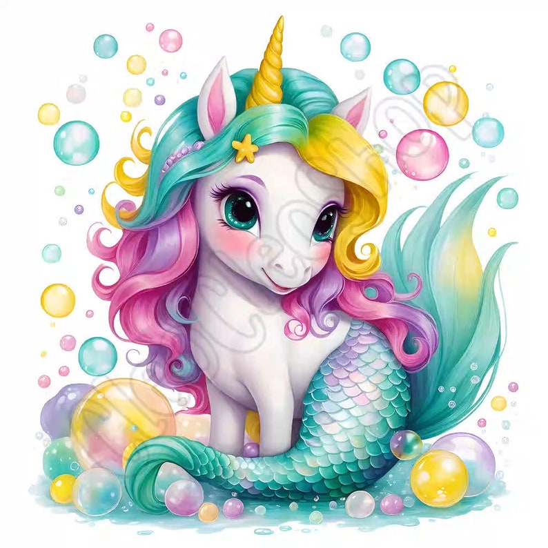 Watercolor Cute Mermaid Unicorn Clipart Bundle, 10 High-quality Pngs ...