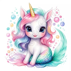 Lot de 10 cliparts aquarelle licorne sirène mignonne, 10 fichiers PNG de haute qualité, art mural, créations en papier, vêtements, impressions numériques, usage Commercial