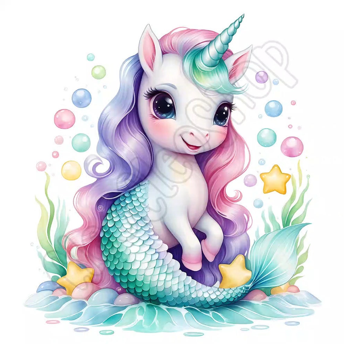 Watercolor Cute Mermaid Unicorn Clipart Bundle, 10 High-quality Pngs ...